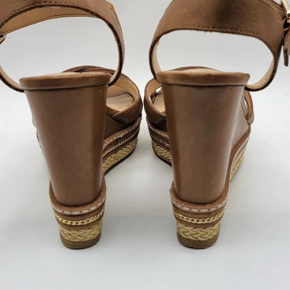Antonio Melani Tan Leather‎ Wedge Sandals Strappy Platform Gold Chain Detail 9.5